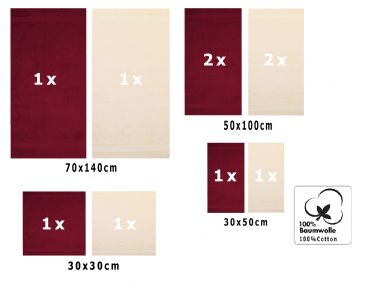 10 uds. Juego de toallas Classic- Premium , color:rojo oscuro y beige  , 2 toallas de cara 30x30, 2 toallas de invitados 30x50, 4 toallas de 50x100, 2 toallas de baño 70x140 cm