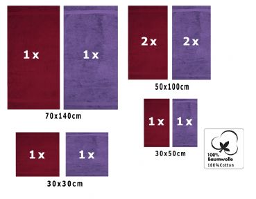 10 uds. Juego de toallas Classic- Premium , color:rojo oscuro y morado , 2 toallas de cara 30x30, 2 toallas de invitados 30x50, 4 toallas de 50x100, 2 toallas de baño 70x140 cm