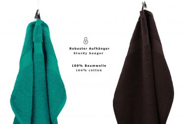 10 Piece Towel Set Classic - Premium emerald green & dark brown, 2 face cloths 30x30 cm, 2 guest towels 30x50 cm, 4 hand towels 50x100 cm, 2 bath towels 70x140 cm