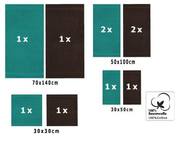 10 uds. Juego de toallas Classic- Premium , color:verde esmeralda y marrón oscuro, 2 toallas de cara 30x30, 2 toallas de invitados 30x50, 4 toallas de 50x100, 2 toallas de baño 70x140 cm