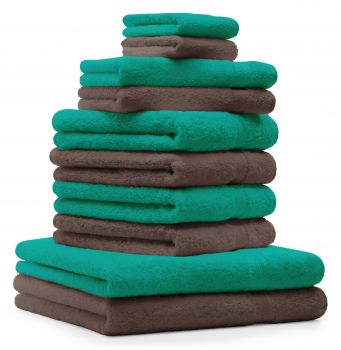 10 Piece Towel Set Classic - Premium emerald green & hazel, 2 face cloths 30x30 cm, 2 guest towels 30x50 cm, 4 hand towels 50x100 cm, 2 bath towels 70x140 cm