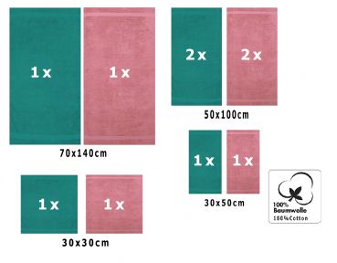 10 uds. Juego de toallas Classic- Premium , color:verde esmeralda y rosa , 2 toallas de cara 30x30, 2 toallas de invitados 30x50, 4 toallas de 50x100, 2 toallas de baño 70x140 cm