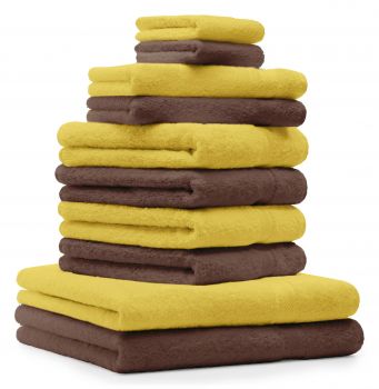Betz Set di 10 asciugamani Classic-Premium 2 lavette 2 asciugamani per ospiti 4 asciugamani 2 asciugamani da doccia 100 % cotone colore giallo e marrone noce