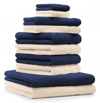 Betz 10-tlg. Handtuch-Set CLASSIC 100% Baumwolle 2 Duschtücher 4 Handtücher 2 Gästetücher 2 Seiftücher Farbe dunkelblau und beige