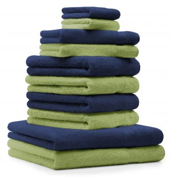 Betz 10 Piece Towel Set CLASSIC 100% Cotton 2 Face Cloths 2 Guest Towels 4 Hand Towels 2 Bath Towels Colour: dark blue & apple green