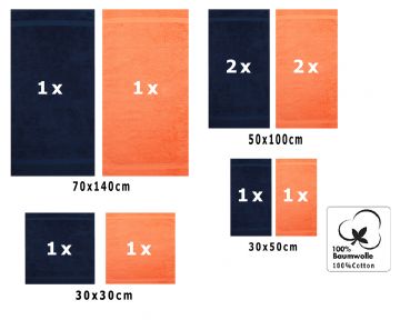 Betz 10 Piece Towel Set CLASSIC 100% Cotton 2 Face Cloths 2 Guest Towels 4 Hand Towels 2 Bath Towels Colour: dark blue & orange