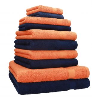 Betz Set di 10 asciugamani Classic-Premium 2 lavette 2 asciugamani per ospiti 4 asciugamani 2 asciugamani da doccia 100 % cotone colore blu scuro e arancione