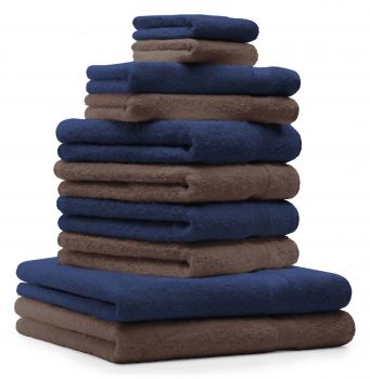Betz 10-tlg. Handtuch-Set CLASSIC 100% Baumwolle 2 Duschtücher 4 Handtücher 2 Gästetücher 2 Seiftücher Farbe dunkelblau und nussbraun
