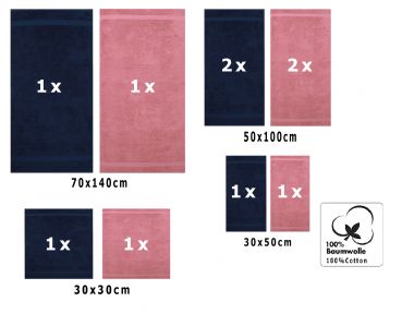 Betz Set di 10 asciugamani Classic-Premium 2 lavette 2 asciugamani per ospiti 4 asciugamani 2 asciugamani da doccia 100 % cotone colore blu scuro e rosa antico