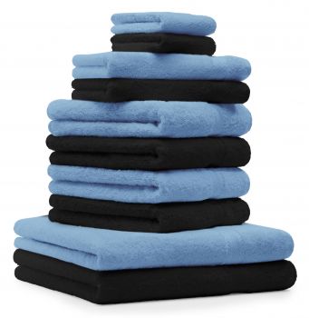 Betz 10-tlg. Handtuch-Set CLASSIC 100% Baumwolle 2 Duschtücher 4 Handtücher 2 Gästetücher 2 Seiftücher Farbe schwarz und hellblau
