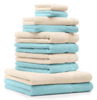 Betz 10 Piece Towel Set CLASSIC 100% Cotton 2 Face Cloths 2 Guest Towels 4 Hand Towels 2 Bath Towels Colour: beige & turquoise