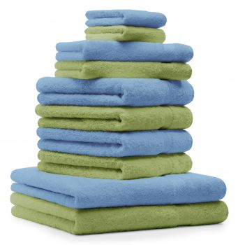 Betz 10 Piece Towel Set CLASSIC 100% Cotton 2 Face Cloths 2 Guest Towels 4 Hand Towels 2 Bath Towels Colour: apple green & light blue