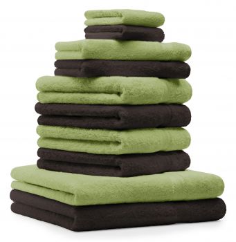 Betz 10-tlg. Handtuch-Set CLASSIC 100% Baumwolle 2 Duschtücher 4 Handtücher 2 Gästetücher 2 Seiftücher Farbe apfelgrün und dunkelbraun