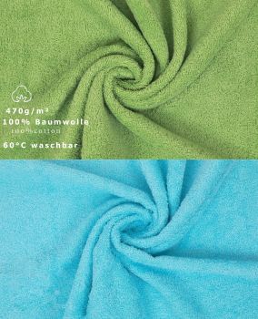 10 Piece Towel Set Classic - Premium apple green & turquoise, 2 face cloths 30x30 cm, 2 guest towels 30x50 cm, 4 hand towels 50x100 cm, 2 bath towels 70x140 cm