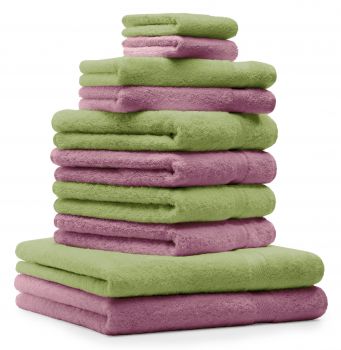 Betz Set di 10 asciugamani Classic-Premium 2 lavette 2 asciugamani per ospiti 4 asciugamani 2 asciugamani da doccia 100 % cotone colore verde mela e rosa antico