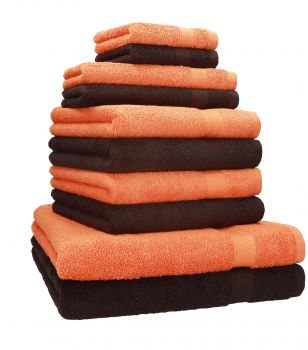 Betz 10 Piece Towel Set CLASSIC 100% Cotton 2 Face Cloths 2 Guest Towels 4 Hand Towels 2 Bath Towels Colour: orange & dark brown