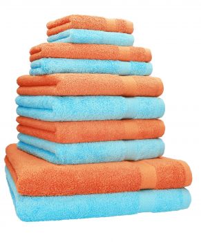 Betz 10 Piece Towel Set CLASSIC 100% Cotton 2 Face Cloths 2 Guest Towels 4 Hand Towels 2 Bath Towels Colour: orange & turquoise