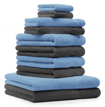 Betz 10 Piece Towel Set CLASSIC 100% Cotton 2 Face Cloths 2 Guest Towels 4 Hand Towels 2 Bath Towels Colour: light blue & anthracite