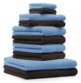 Betz Set di 10 asciugamani Classic-Premium 2 lavette 2 asciugamani per ospiti 4 asciugamani 2 asciugamani da doccia 100 % cotone colore azzurro e marrone scuro