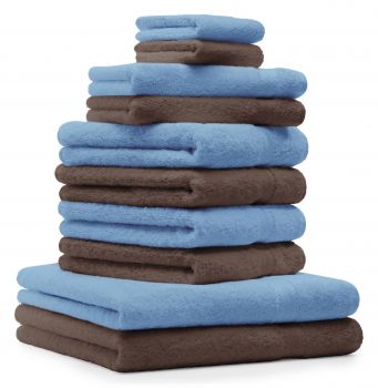 Betz 10-tlg. Handtuch-Set CLASSIC 100% Baumwolle 2 Duschtücher 4 Handtücher 2 Gästetücher 2 Seiftücher Farbe hellblau und nussbraun