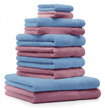 Betz 10-tlg. Handtuch-Set CLASSIC 100% Baumwolle 2 Duschtücher 4 Handtücher 2 Gästetücher 2 Seiftücher Farbe hellblau und altrosa