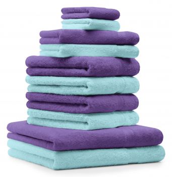 Betz 10 Piece Towel Set CLASSIC 100% Cotton 2 Face Cloths 2 Guest Towels 4 Hand Towels 2 Bath Towels Colour: purple & turquoise