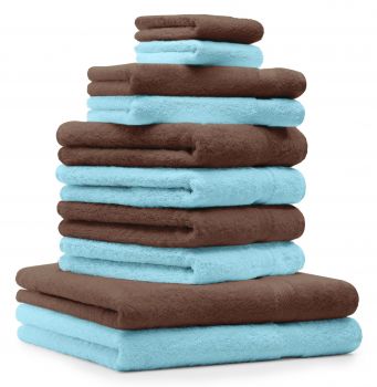 Betz Set di 10 asciugamani Classic-Premium 2 lavette 2 asciugamani per ospiti 4 asciugamani 2 asciugamani da doccia 100 % cotone colore marrone noce e turchese