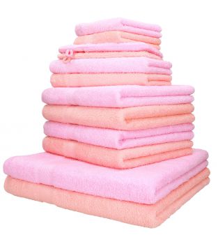 Betz 12-tlg. Handtuch-Set PALERMO 100% Baumwolle 2 Liegetücher 4 Handtücher 2 Gästetücher 2 Seiftücher  2 Waschhandschuhe Farbe apricot und rosé