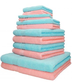 Betz 12 Piece Towel Set PALERMO 100% Cotton 2 Wash Mitts  2 Wash Cloths 2 Guest Towels  4 Hand Towels 2 Bath Towels colour apricot and turquoise