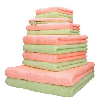 Betz PALERMO Handtuch-Set – 12er Handtücher-Set -  2x Liegetücher - 4x Handtücher – 2x Gästetucher – 2x Waschhandschuhe – 2x Seiftücher –  Farbe apricot und grün