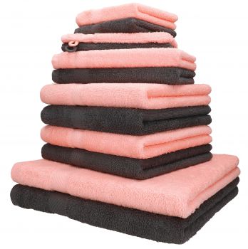 Betz lot de 12 serviettes PALERMO set de 2 draps de bain 4 serviettes de toilette 2 serviettes d'invité 2 lavettes 2 gants de toilette 100% coton couleur abricot et anthracite