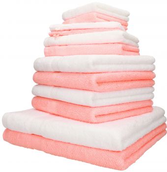 Betz 12-tlg. Handtuch-Set PALERMO 100% Baumwolle 2 Liegetücher 4 Handtücher 2 Gästetücher 2 Seiftücher  2 Waschhandschuhe Farbe apricot und weiß