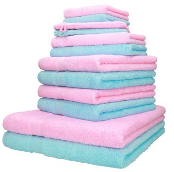 Betz 12 Piece Towel Set PALERMO 100% Cotton 2 Wash Mitts  2 Wash Cloths 2 Guest Towels  4 Hand Towels 2 Bath Towels colour rose and turquoise