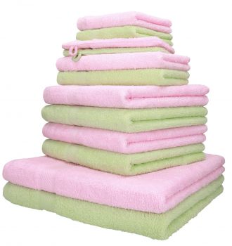 Betz 12-tlg. Handtuch-Set PALERMO 100% Baumwolle 2 Liegetücher 4 Handtücher 2 Gästetücher 2 Seiftücher  2 Waschhandschuhe Farbe rosé und grün