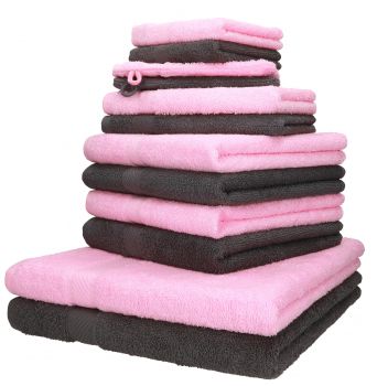 Betz 12-tlg. Handtuch-Set PALERMO 100% Baumwolle 2 Liegetücher 4 Handtücher 2 Gästetücher 2 Seiftücher  2 Waschhandschuhe Farbe rosé und anthrazit