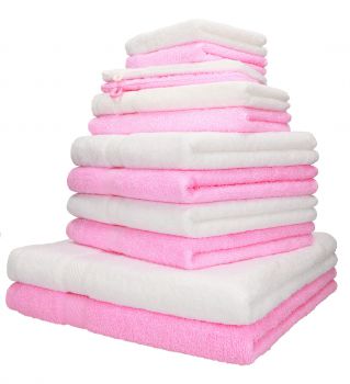 Betz 12-tlg. Handtuch-Set PALERMO 100% Baumwolle 2 Liegetücher 4 Handtücher 2 Gästetücher 2 Seiftücher  2 Waschhandschuhe Farbe rosé und weiß