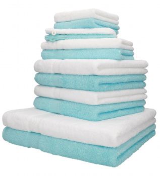 Betz PALERMO Handtuch-Set – 12er Handtücher-Set -  2x Liegetücher - 4x Handtücher – 2x Gästetucher – 2x Waschhandschuhe – 2x Seiftücher – Farbe türkis und weiß