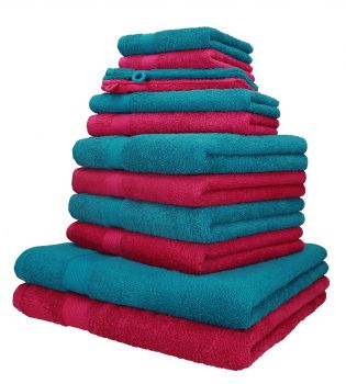 Betz 12 Piece Towel Set PALERMO 100% Cotton 2 Wash Mitts  2 Wash Cloths 2 Guest Towels  4 Hand Towels 2 Bath Towels colour cranberry and petrol