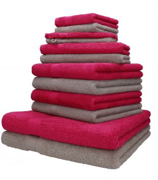 Betz lot de 12 serviettes PALERMO set de 2 draps de bain 4 serviettes de toilette 2 serviettes d'invité 2 lavettes 2 gants de toilette 100% coton couleur rouge canneberge et gris pierre