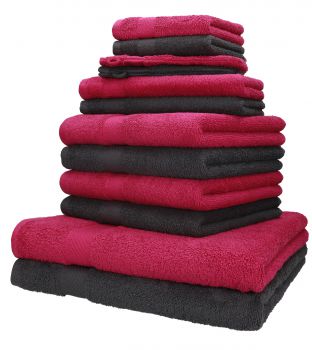 Betz 12-tlg. Handtuch-Set PALERMO 100% Baumwolle 2 Liegetücher 4 Handtücher 2 Gästetücher 2 Seiftücher  2 Waschhandschuhe Farbe cranberry und anthrazit