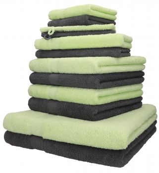 Betz 12 Piece Towel Set PALERMO 100% Cotton 2 Wash Mitts  2 Wash Cloths 2 Guest Towels  4 Hand Towels 2 Bath Towels colour green and anthracite