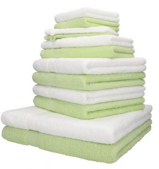 Betz 12-tlg. Handtuch-Set PALERMO 100% Baumwolle 2 Liegetücher 4 Handtücher 2 Gästetücher 2 Seiftücher  2 Waschhandschuhe Farbe grün und weiß