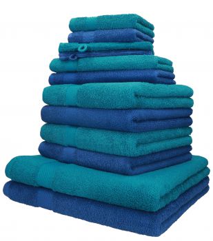 Betz lot de 12 serviettes PALERMO set de 2 draps de bain 4 serviettes de toilette 2 serviettes d'invité 2 lavettes 2 gants de toilette 100% coton couleur bleu et pétrole