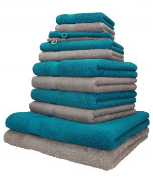 Betz lot de 12 serviettes PALERMO set de 2 draps de bain 4 serviettes de toilette 2 serviettes d'invité 2 lavettes 2 gants de toilette 100% coton couleur bleu pétrole et gris pierre