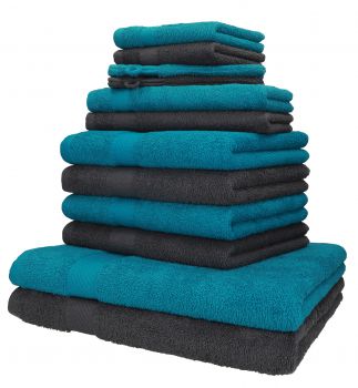 Betz 12-tlg. Handtuch-Set PALERMO 100% Baumwolle 2 Liegetücher 4 Handtücher 2 Gästetücher 2 Seiftücher  2 Waschhandschuhe Farbe petrol und anthrazit