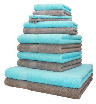 Betz PALERMO Handtuch-Set – 12er Handtücher-Set -  2x Liegetücher - 4x Handtücher – 2x Gästetucher – 2x Waschhandschuhe – 2x Seiftücher – Farbe stone und türkis