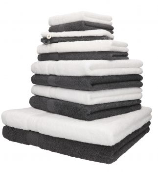 Betz lot de 12 serviettes PALERMO set de 2 draps de bain 4 serviettes de toilette 2 serviettes d'invité 2 lavettes 2 gants de toilette 100% coton couleur anthracite et blanc