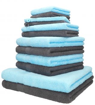 Betz 12 Piece Towel Set PALERMO 100% Cotton 2 Wash Mitts  2 Wash Cloths 2 Guest Towels  4 Hand Towels 2 Bath Towels colour turquoise and anthracite