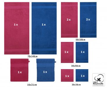 Betz PALERMO Handtuch-Set – 12er Handtücher-Set -  2x Liegetücher - 4x Handtücher – 2x Gästetucher – 2x Waschhandschuhe – 2x Seiftücher – Farbe cranberry und blau
