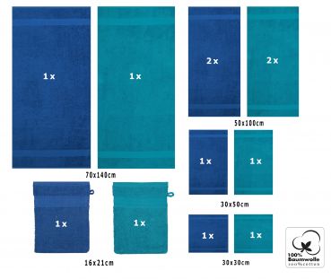 Betz lot de 12 serviettes PALERMO set de 2 draps de bain 4 serviettes de toilette 2 serviettes d'invité 2 lavettes 2 gants de toilette 100% coton couleur bleu et pétrole